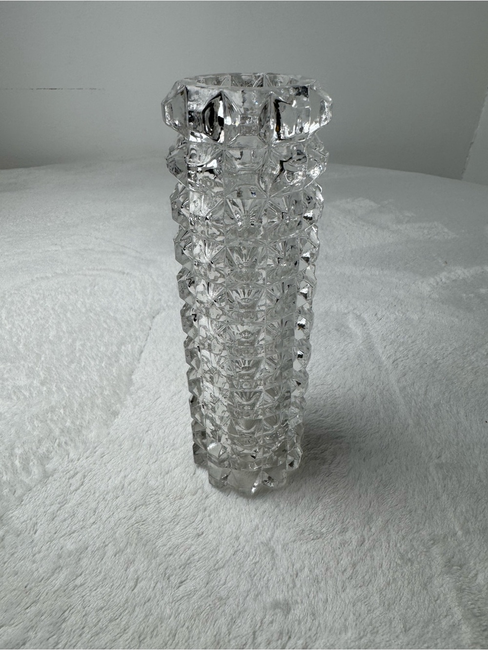 Vintage Sparkling Crystal-Like Clear Diamond Point Glass Bud Vase Cylinder 7'' H